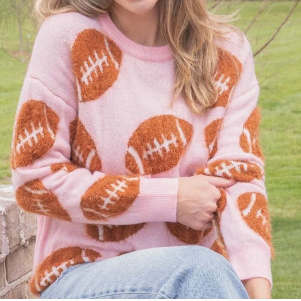 Simply Southern Football Pink Fuzzy Sweater NEW Small